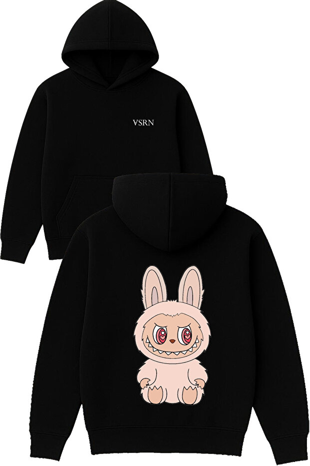 Labubu Cream Design Printed Oversized Black Hooded Sweatshirt