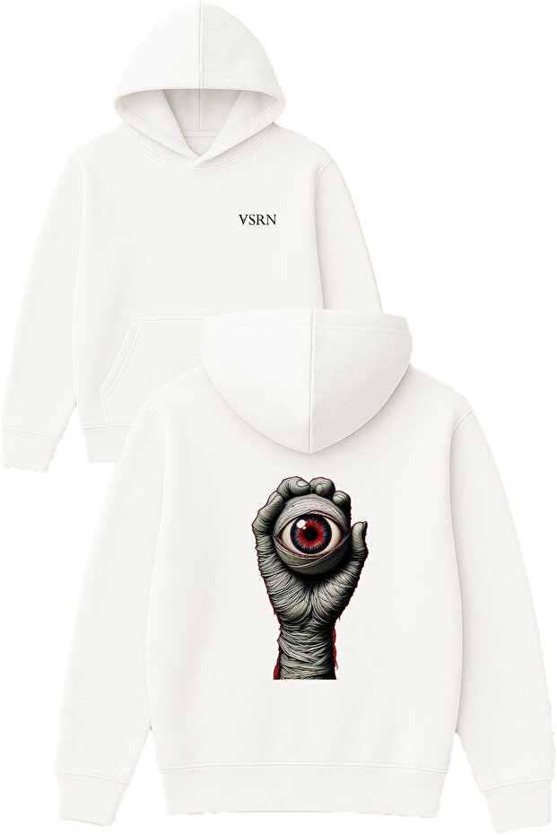 Mummy Eye Design Printed Oversized White Hooded Sweatshirt