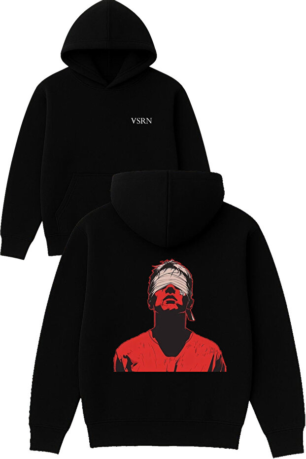 Angry Man Design Printed Oversized Black Hooded Sweatshirt