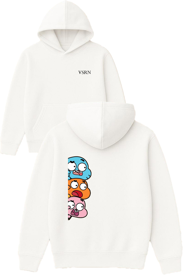 Gumbal Darwın Rabbit Design Printed Oversized White Hooded Sweatshirt