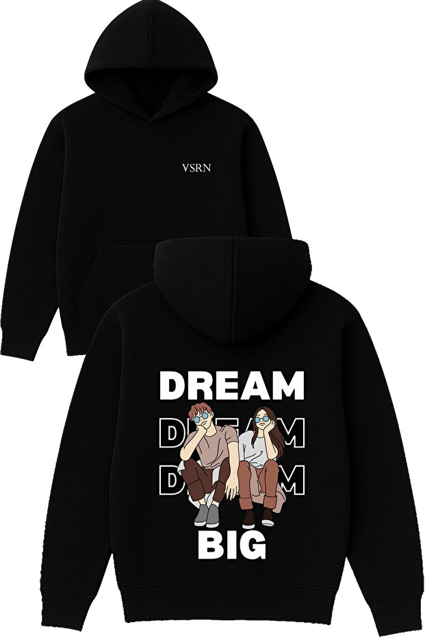 Dream Bıg Design Printed Oversized Black Hooded Sweatshirt