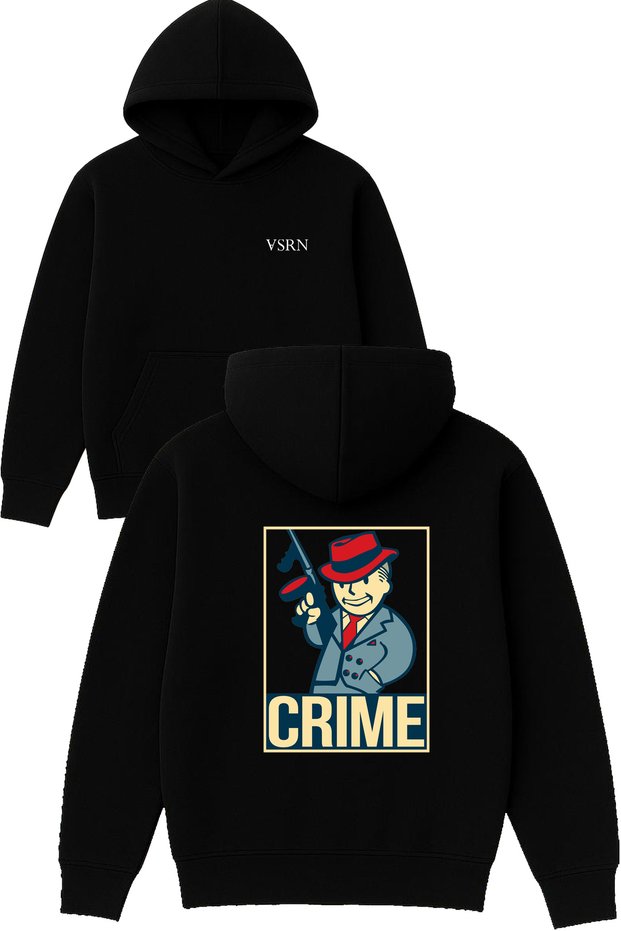 Crime Design Printed Oversized Black Hooded Sweatshirt