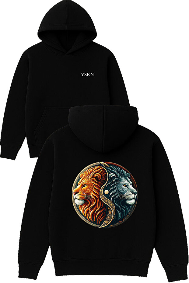 Iki Aslan Design Printed Oversized Black Hooded Sweatshirt