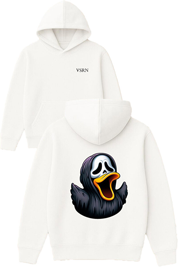 Skeleton Duck Design Printed Oversized White Hooded Sweatshirt