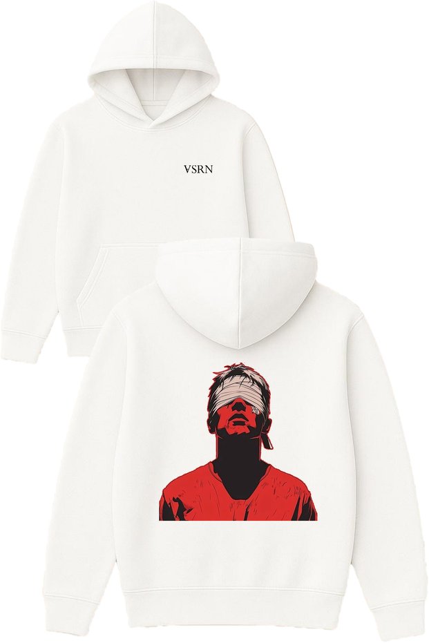 Angry Man Design Printed Oversized White Hooded Sweatshirt