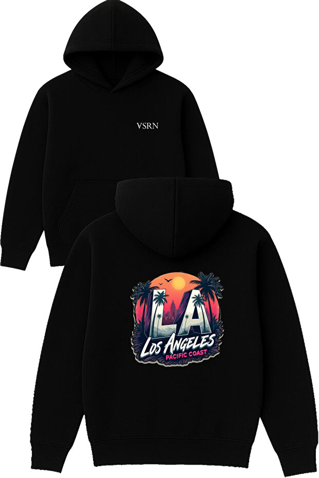 Los Angeles Design Printed Oversized Black Hooded Sweatshirt