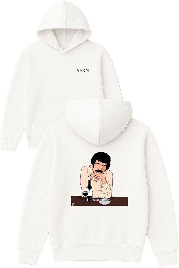 Müslüm Baba Design Printed Oversized White Hooded Sweatshirt
