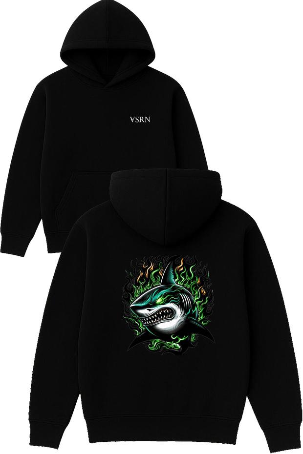 Green Flame Shark Design Printed Oversized Black Hooded Sweatshirt