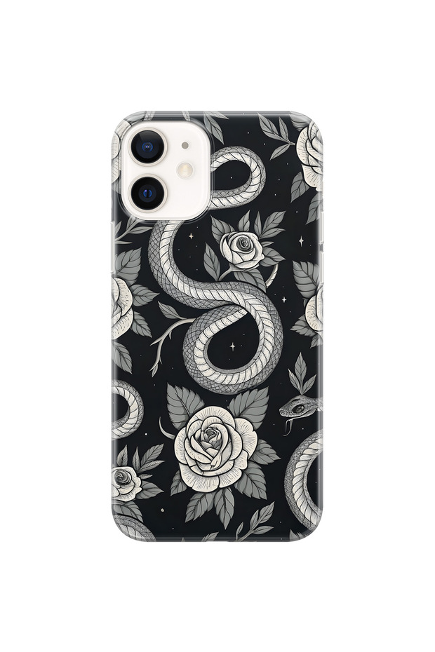 iPhone 12 Compatible Black Rose and Snake Pattern Transparent Phone Case