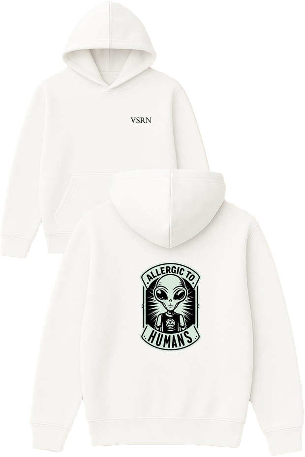 Allergıc to Humans Design Printed Oversized White Hooded Sweatshirt