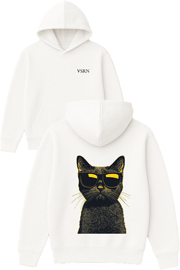 Cat with Glasses Design Printed Oversized White Hooded Sweatshirt