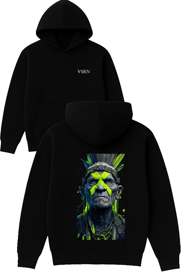 Native American Elderly Design Printed Oversized Black Hooded Sweatshirt