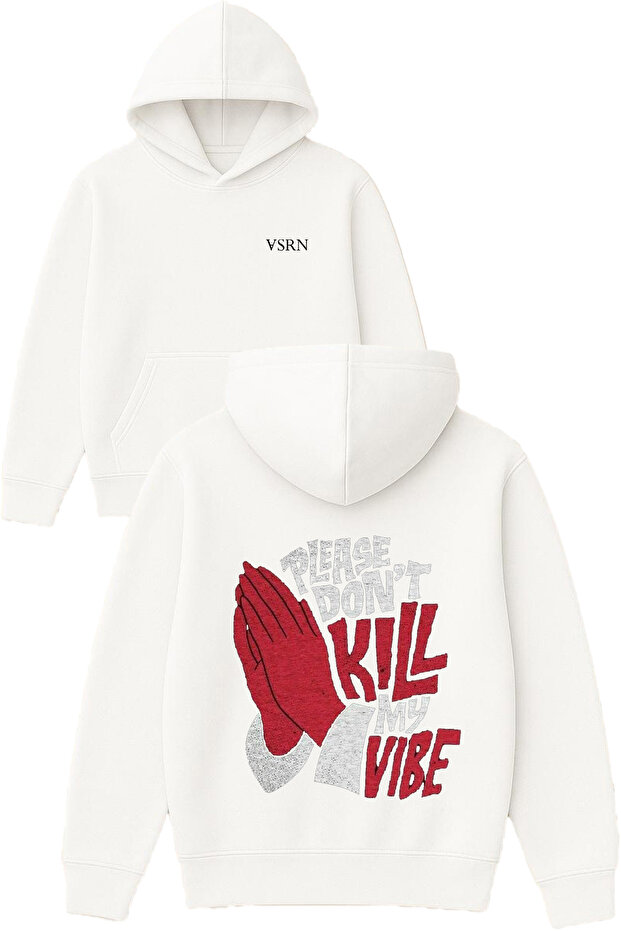 Please Dont El Design Printed Oversized White Hooded Sweatshirt