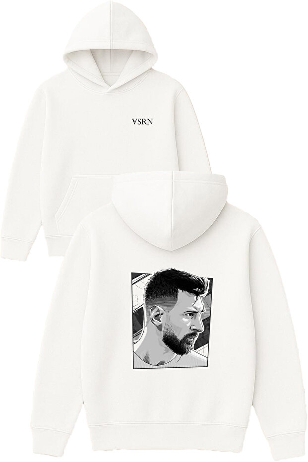 Messi 1 Design Printed Oversized White Hooded Sweatshirt