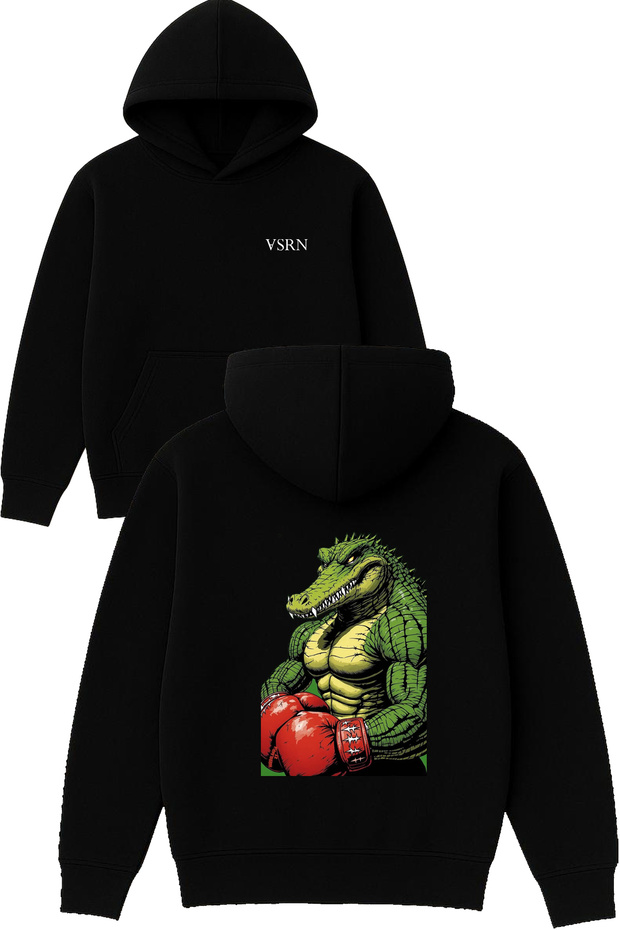 Boxer Crocodile Design Printed Oversized Black Hooded Sweatshirt