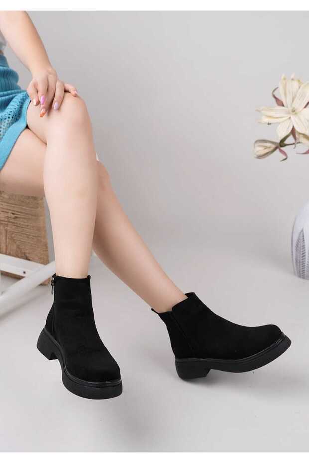 KADIN SİYAH SÜET LASTİK DETAYLI FERMUARLI BOT - 2