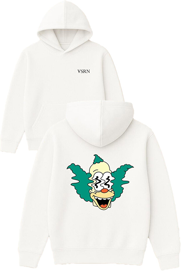 Blurry Palyaco Design Printed Oversized White Hooded Sweatshirt