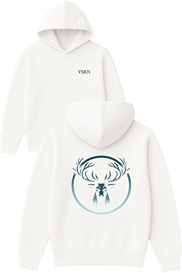 Deer Blue Design Printed Oversized White Hooded Sweatshirt