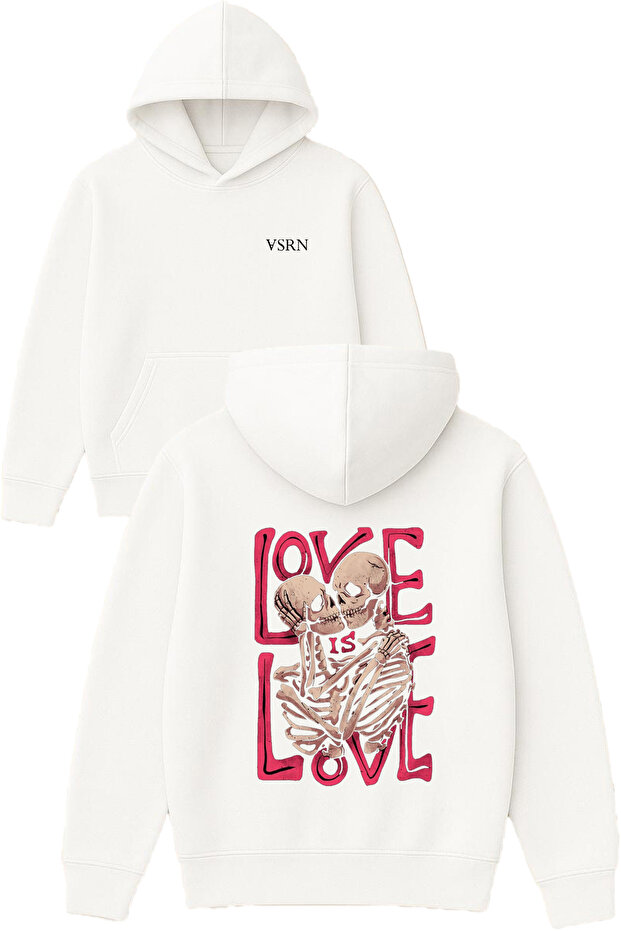 Love Is Love Design Printed Oversized White Hooded Sweatshirt