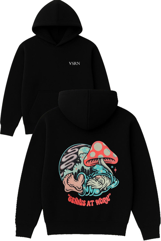 Mushroom Ayak Design Printed Oversized Black Hooded Sweatshirt