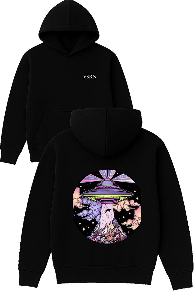 Round Ufo Design Printed Oversized Black Hooded Sweatshirt