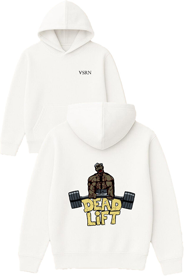 Dead Lift Design Printed Oversized White Hooded Sweatshirt