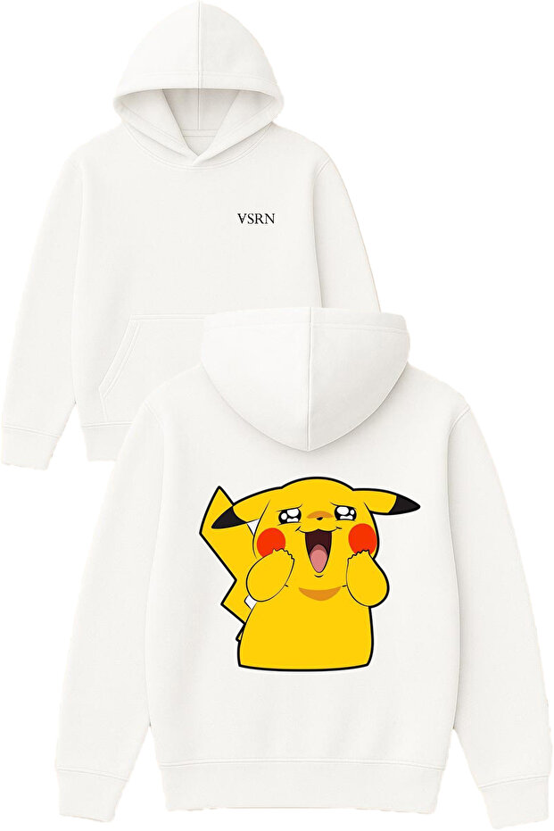 Yellow Creature Design Printed Oversized White Hooded Sweatshirt