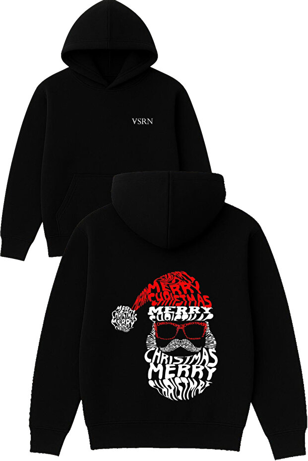 Christmas Head Design Printed Oversized Black Hooded Sweatshirt