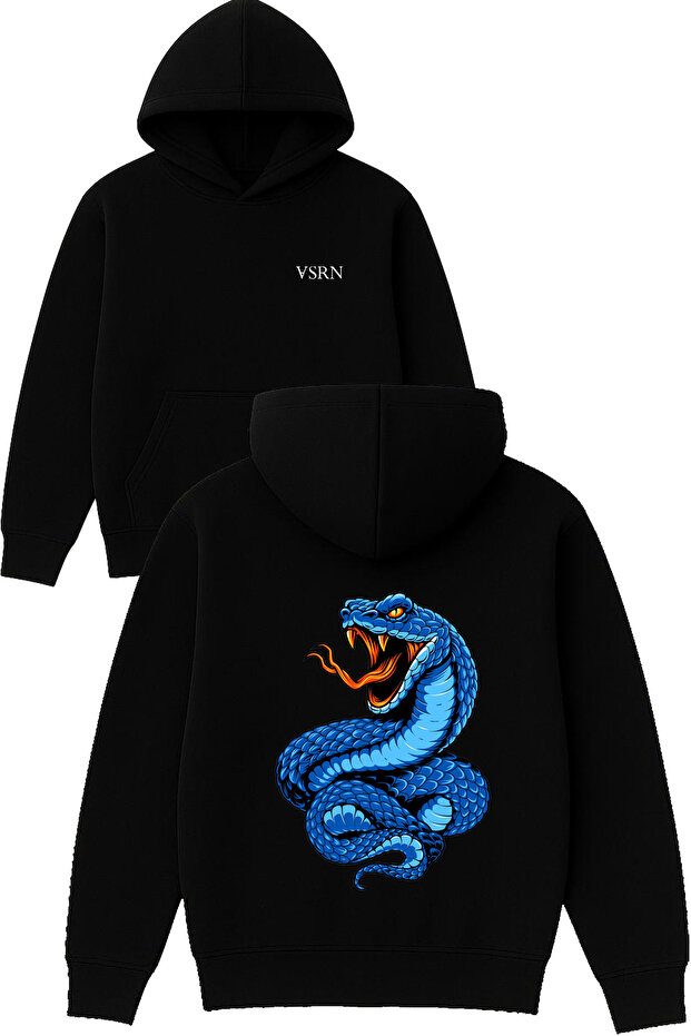 Blue Cobra Design Printed Oversized Black Hooded Sweatshirt