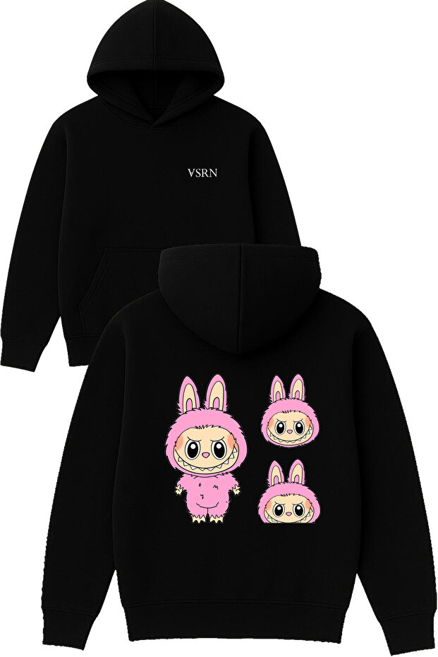 3 Tane Labubu Design Printed Oversized Black Hooded Sweatshirt