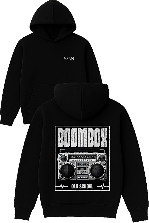 Boombax Radio Design Printed Oversized Black Hooded Sweatshirt