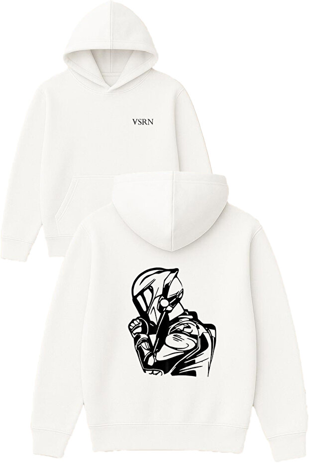 Women's Biker Fast Design Printed Oversized White Hooded Sweatshirt
