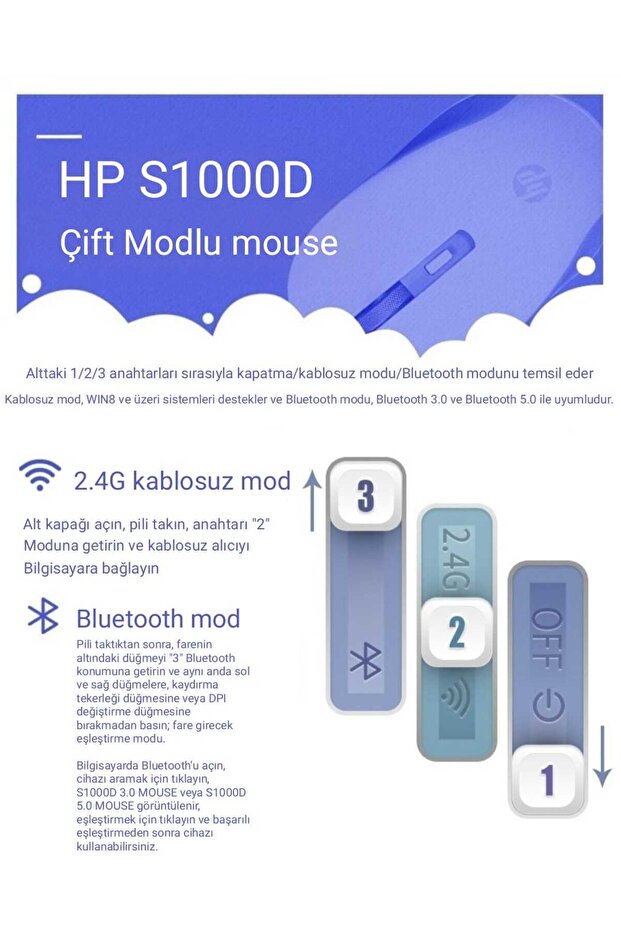 S1000D Çift Modlu 2,4ghz Kablosuz & Bluetooth V5.0 Sessiz Mouse - 7