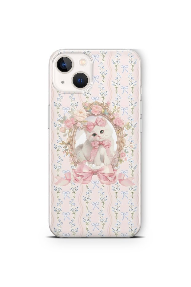 iPhone 14 Plus Compatible Pink Bow Cat Pattern Transparent Phone Case