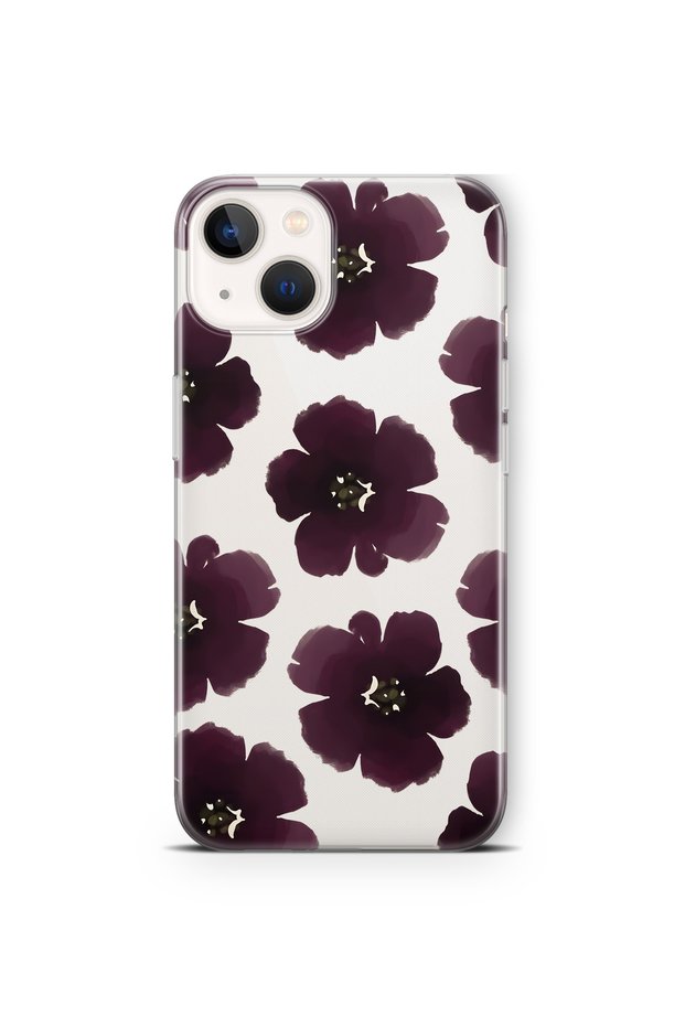 iPhone 15 Compatible Purple Flower Pattern Transparent Phone Case