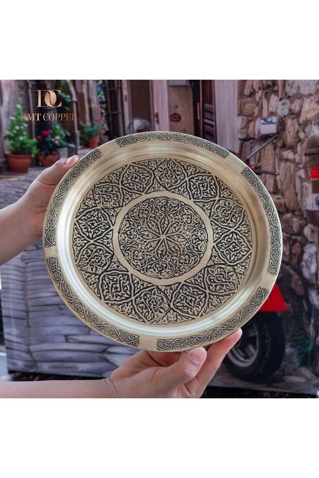 Dmt Gaziantep Yellow Copper 25 cm Ottoman Handcrafted Presentation Gold Tray Henna Tray 25 cm