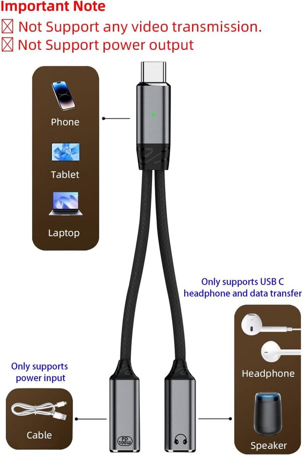 Jadebones USB-C 2-in-1 Splitter — Dual Headphone & Charging Adapter with 100W PD (Gray) - 2