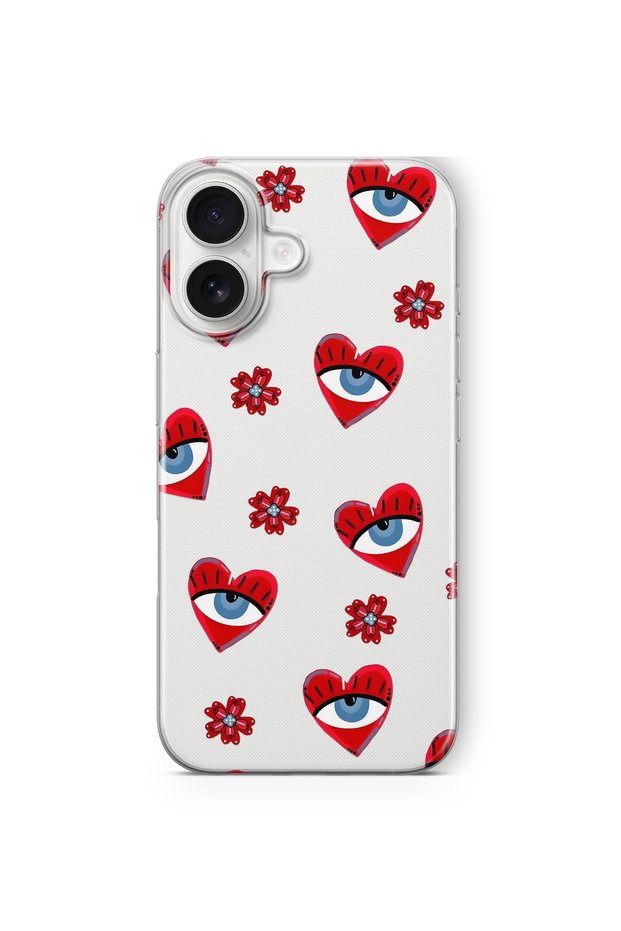 iPhone 17 Compatible Transparent Phone Case with Heart and Evil Eye Pattern