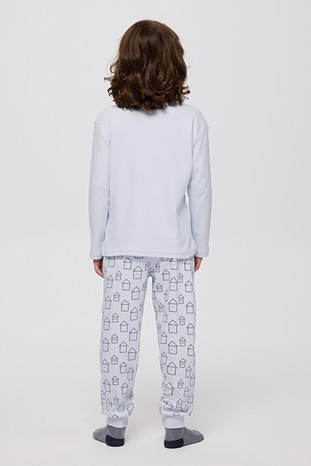 Boy's Home Patterned Blue Pajama Set - 2