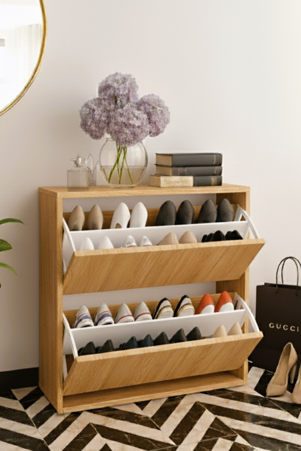 Düşer Kapak Ayakkabılık Kayar Raflı Ayakkabılık 2 Bölmeli Ayakkabılık - 1