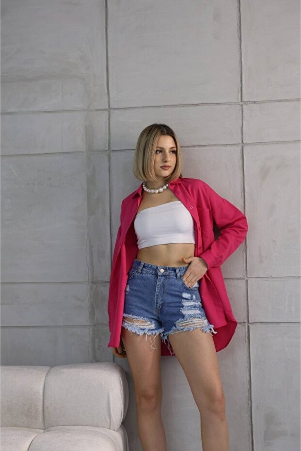 Kadın Tek Cepli Oversize Poplin Gömlek - 1