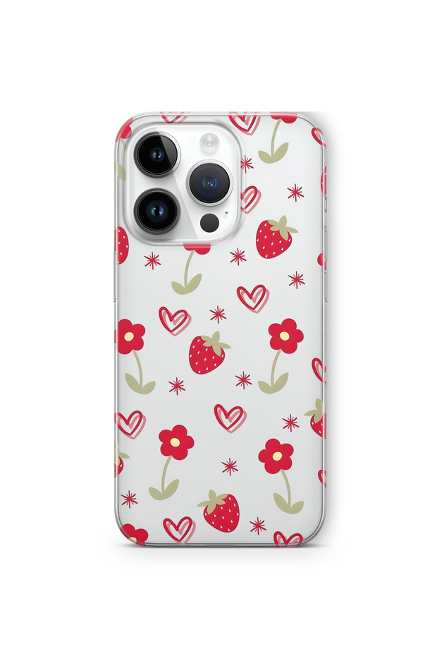 iPhone 16 Pro Max Compatible Strawberry and Heart Pattern Transparent Phone Case