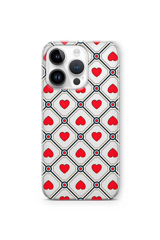 For iPhone 16 Pro Retro Red Heart Pattern Transparent Phone Case - 1