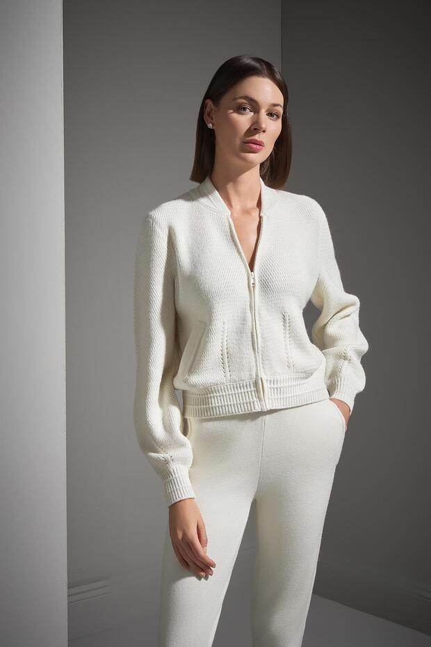 Fermuarlı Ekru Bomber Triko Ceket - 3