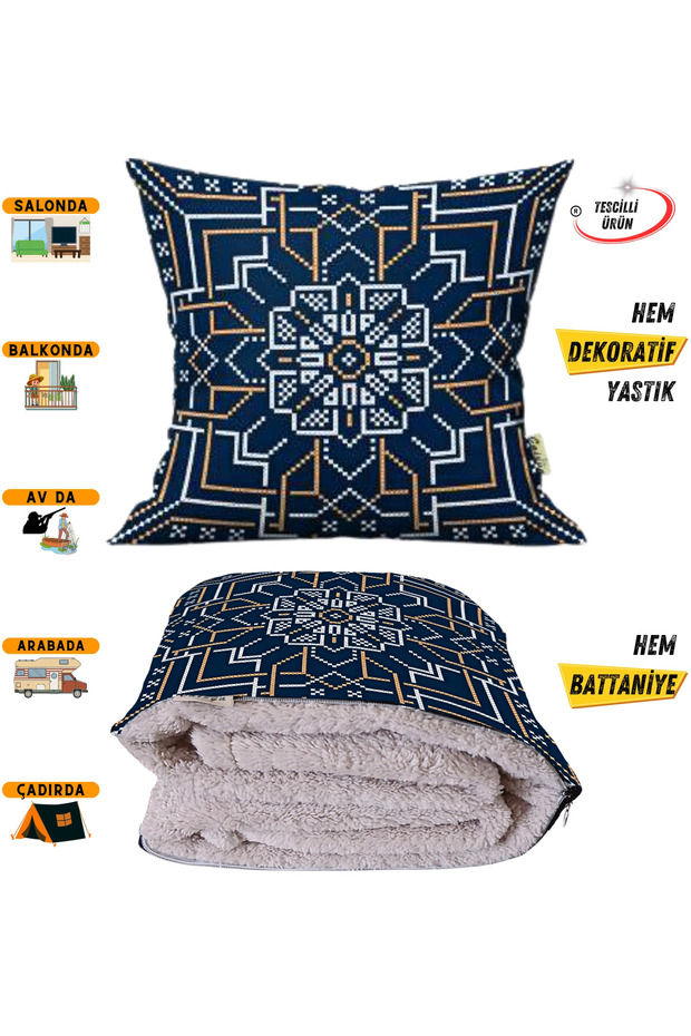 Navy Blue and White Ethnic Pattern Tv Blanket Optional Decorative Pillow Throw Pillow 2 in 1 Blanket