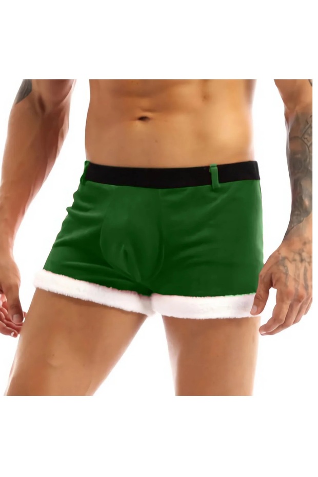 Men's Green Color Belt Bridge Detailed Velvet New Year's Men's Gift Boxer