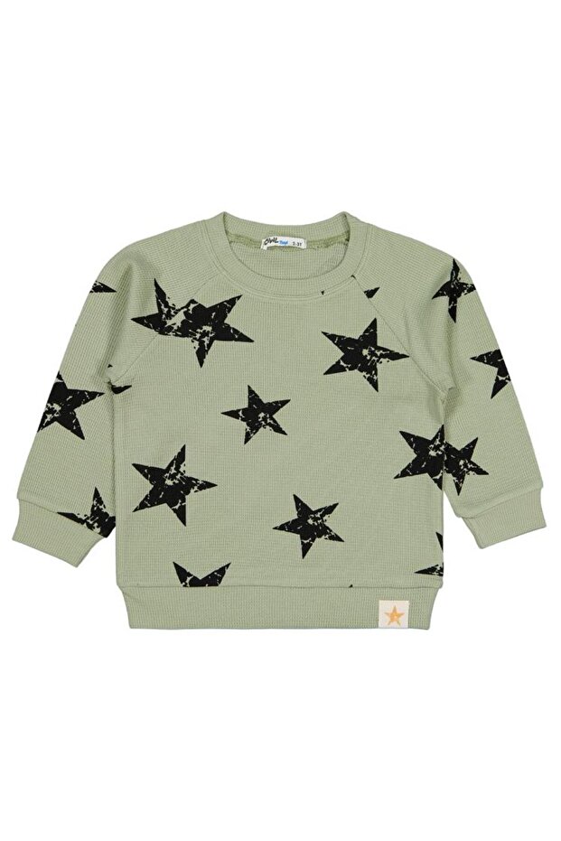 Civil Boy's Star Printed Sweatshirt | Waffle Long Sleeve | School Nursery and Daily Use - Khaki