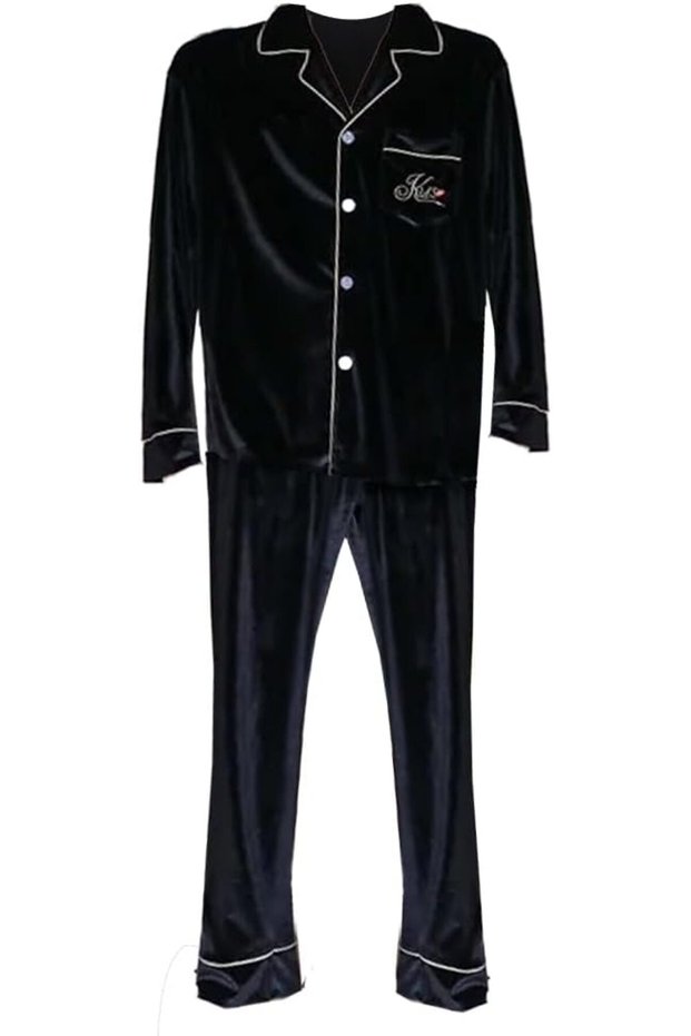 Men Pyjamas Set Nightwear Two-Pieces Velvet Sleepwear Shirt Pants MG16 -Black