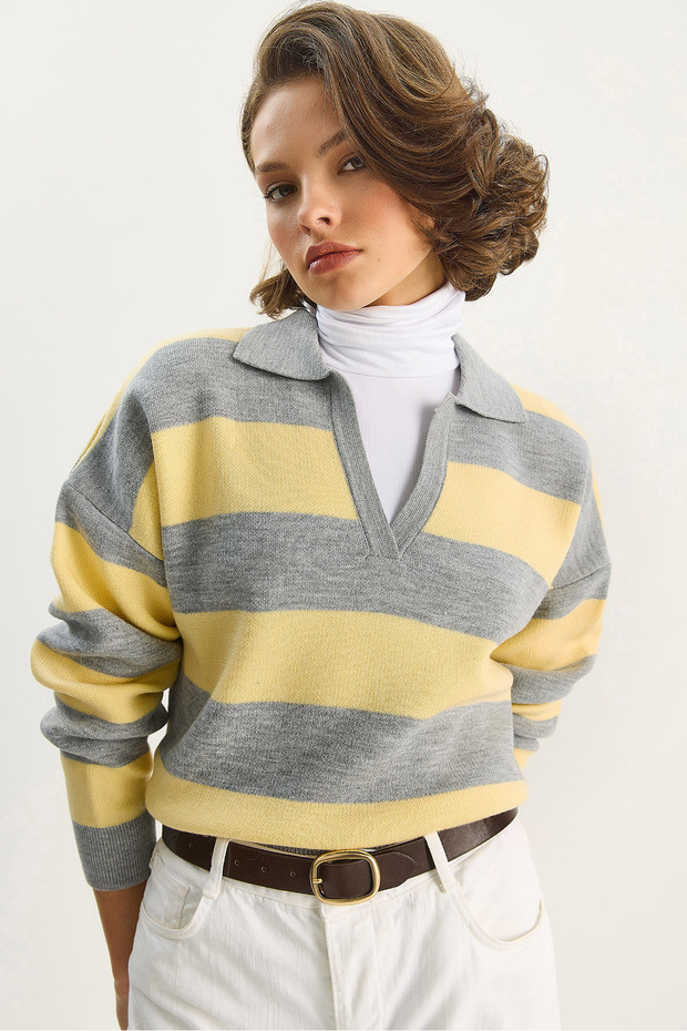 Women's Gray Yellow Striped Polo Collar Knitwear Sweater Tk251122 60283700
