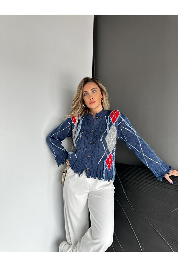 Lacivert Baklava Desen Saçaklı Hırka - 1